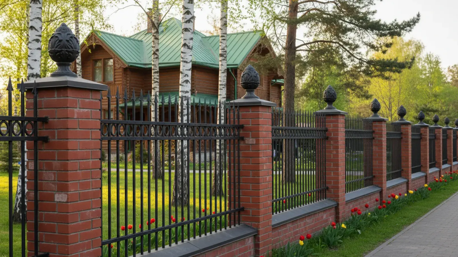 Решётчатый забор «классика с пиками» на кирпичных столбах в Курортном районе